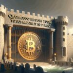 A visually striking castle with a massive Bitcoin symbol at its gates. The scene evokes themes of security and value in the world of digital currencies, with a dramatic sky enhancing the atmosphere.