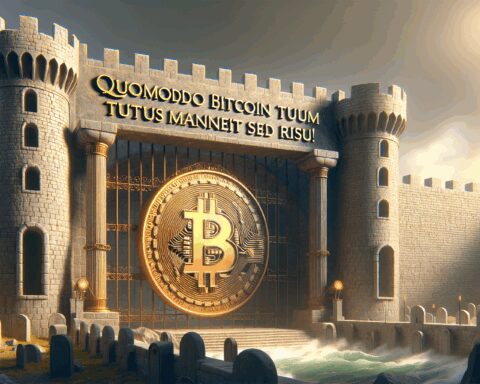 A visually striking castle with a massive Bitcoin symbol at its gates. The scene evokes themes of security and value in the world of digital currencies, with a dramatic sky enhancing the atmosphere.