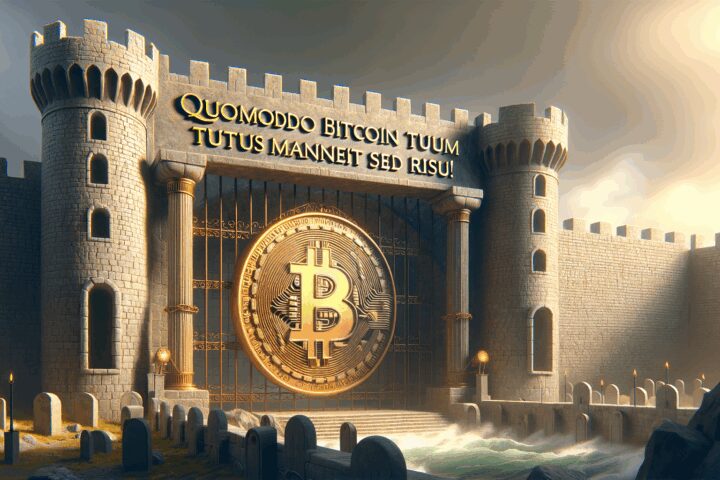 A visually striking castle with a massive Bitcoin symbol at its gates. The scene evokes themes of security and value in the world of digital currencies, with a dramatic sky enhancing the atmosphere.