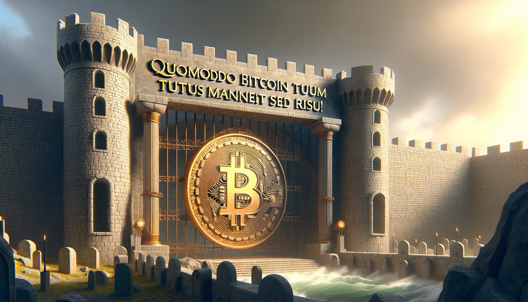 A visually striking castle with a massive Bitcoin symbol at its gates. The scene evokes themes of security and value in the world of digital currencies, with a dramatic sky enhancing the atmosphere.
